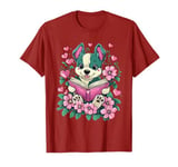 Flowers Dog Reading Book Valentines Day Graphic Funny T-Shirt