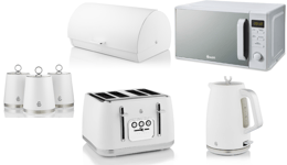 Swan Serenity White Kettle Toaster Digital Microwave Bread Bin Canisters Set