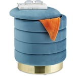 Pouf coiffeuse rangement, rond, tabouret velours, siège rembourré élégant, HxD: 43,5x39 cm, bleu pétrole/doré - Relaxdays