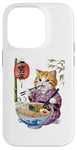 Coque pour iPhone 14 Pro Chat animé mignon en kimono mangeant des ramen Anime drôle