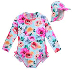 XFGIRLS Swimwear for Girls Long Sleeve Swimsuit Toddler Girls Swimsuit Girls Swimming Costume Kids Sunsuit S295-HotPink Flower-Cap 6A