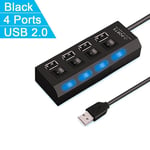 4 Ports Black Airies USB haute vitesse 2.0, extenseur d'adaptateur, répartiteur multiple USB, prolongateur multiple, lampe de commutation LED pour PC, ordinateur portable