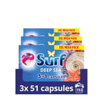 Surf 3 in 1 Deep Sea Laundry Washing Detergent Capsules joy-infused fragrance with natural essential oils lasting up to 12 hours in wear for brilliantly clean results 153 washes (3x 51 capsules)