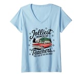 Womens Jolliest Bunch of Teachers This Side Happy Teacher for Xmas V-Neck T-Shirt