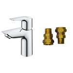 GROHE Start Edge & UK Adaptors - Basin Mixer Tap with Push-Open Waste Set, (Metal Lever, 28mm Ceramic Cartridge, Water Saving Technology, Tails 3/8 Inch), Size 147mm, with QuickTool, Chrome, 24199001