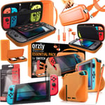 Nintendo Switch Accessoire, Pack De (Étui Rigide Pour Switch, Protecteurs D'écran En Verre Trempé, Câble Type C, Coque Comfort Grip, Écouteur, Stylo, Boite De Jeux) Orange