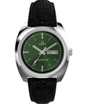 Timex Q Montre pour Hommes, 37,5 mm, Bracelet en Cuir Noir à Ouverture Rapide, en Deux pièces, Cadran Vert, boîtier en Acier Inoxydable TW2W44700