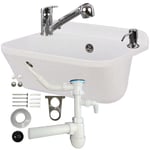 Lavabo plastique gris clair 46,5 cm avec siphonne tirette vidange, mousseur robinet avec douchette extractible, distribuer de savon