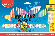 Maped - Feutres Jungle Color’Peps - 24 Feutres de Coloriage - 24 Étiquettes Prénom offertes - Lavables et Résistants au Séchage - Idéal Fournitures Rentrée Scolaire - Pochette Carton