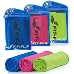 Fit-Flip Set of 3 Cooling towel - cool down towel - microfibre ice towel for sport and sweat - stay cool Airflip towel for neck - cold towel for yoga and fitness (dark blue/green/pink, 100x30cm)