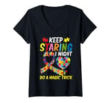 Womens Keep staring i might do a magic Trick Autism V-Neck T-Shirt