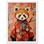 Red Panda in Kimono Cherry Blossom Trees Japan Artwork Framed Wall Art Print A4