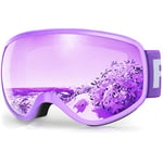 Findway Masque de Ski Enfant 3 à 8 Ans - Lunettes de Ski Enfant Masuqe Ski pour Garçon et Fille Anti-UV Antibuée Compatible avec Casque pour Ski Autres Sports (Lentille Lavande/Argent(VLT 28%))