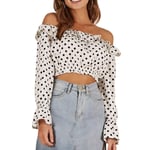 Mieuid Women Crop Top Ladies Summer Chic Polka Dot Shoulder Sports Off Long Sleeve Tops Vintage Fashion Elegant Crop Top Carmen Blouse (Color : White, One Size : S)