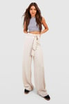 Womens Linen Look Blend Super High Waisted Belted Wide Leg Trousers - Beige - 16, Beige