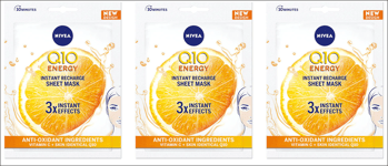 3 x Sachets Nivea Q10 Energy Instant Recharge Sheet Mask. 3 Instant Effects.