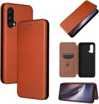 Compatible Avec Coque One Plus Nord Ce 5g, Mince Flip Fibre De Carbone Test De Chute Antichoc Stand Fente Avec Carte, Protecteur D'écran En Verre Trempé*2-Marron