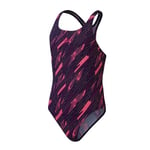 Speedo Maillot de Bain Une Pièce Hyperboom Allover Medalist, Résistant au Chlore, Séchage Rapide Maillot de Bain pour Fille, Bleu Marine Intense/Fuchsia/Rose Flamenco, 11-12 Années