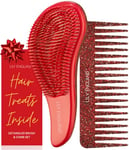 Lily England Detangle Hair Brush & Wide Tooth Comb Set - Lightweight Detangler for Women, Kids & Toddlers with Flexible Bristles - Detangling Comb & Hairbrush Kit for All Hair Types, Red