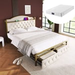 Lit adulte, lit coffre, avec chargement usb Type-C et tiroir, sommier à lattes en métal, 160 x 200 cm, beige, matelas inclus