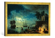 Kunst für Alle 'Image encadrée de Claude Joseph Vernet Night : A Port in The Moonlight de, 1748 Impression d'art dans Le Cadre de Haute qualité Photos Fait Main, 60 x 40 cm, Or Raya