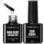 TOMICCA Top Coat et Colle Ongle 8 en 1, No Wipe Top Coat Semi Permanent, Nail Builder Gel, Gummy Base Gel Ongles Pour Américaine, Soak Off Gel UV LED, Manucure Kit 8 ML 2 PCS