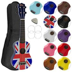 Mad About SU8 Soprano Ukulele with FREE Gig Bag, Pick, and Spare Strings – Great for Schools and Beginners, Now With Carbon Black Strings for Improved Tuning - Union Jack