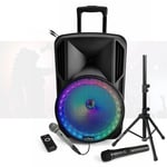 Enceinte Bluetooth nomade sur batterie PARTY-12RGB Karaoke Tuner USB - 2 Micros - Pied Support Ibiza - Soirée Anniversaire Animation