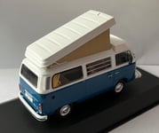 VW Transporter T2 Westfalia 1978, blue & white, 1:43 scale campervan model, IXO