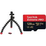 Joby JB01300 GorillaPod Action Tripod, Black/Red & SanDisk 128GB Extreme PRO microSDXC card + SD adapter + RescuePRO Deluxe, up to 200MB/s, with A2 App Performance, UHS-I, Class 10, U3, V30