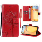 Oududianzi-Coque pour Xiaomi Redmi 13C / Poco C65 [1X Verre Trempé] Étuis Rabat Folio Protection Housse Cuir PU Portefeuille Silicone [Fermeture Magnétique][Emplacements Cartes][Stand Feature]-Rouge