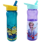 Polar Gear 1325 1731 More Than a Minion Kids Drinks Bottle, polypropylene plastic, Turquoise, Yellow, 600ml & Disney Frozen Water Bottle with Straw – Reusable Kids 600ml PP , Multi Colour