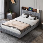 Lit adulte 140 x 200 cm, lit double, rangements sur la tête de lit, port usb, velours, gris (matelas non inclus)