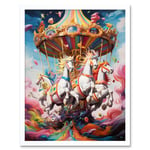 Magical Carousel in Rainbow Clouds Bright Bold Vibrant Fantasy Kids Bedroom Baby Nursery Artwork Art Print Framed Poster Wall Decor 12x16 inch