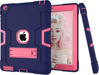 Coque Pour Ipad 2 3 4 - Robuste Antichoc Heavy Duty Durable Protection Corporelle Complète Cover Case Pour Ipad A1395 A1396 A1397 A1416 A1430 A1403 A1458 A1459 A1460 - [Bleu Marin/Rose Rouge]