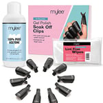 Mylee Gel Nail Polish Remover Set - Pure Acetone 300ml + 100pcs Lint Free Wipes + 10pcs Soak Off Nail Clips - Gel Nail Polish Remover, Removal Pads, Reusable Clips, Manicure Pedicure, Home & Salon Use