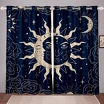 kxry Sun and Moon Blackout Curtains for Bedroom Living Room Navy Blue Boho Celestial Darkening Grommet Curtain 84 Inches Long Window Drapes Treatment Room Decor,2 Panels Set, 42''W x 84''L