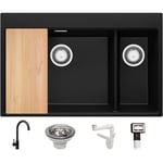 Evier Cuisine en Granit Noir 78x50cm, Lavabo + Kit de Vidage + Robinet + Planche à Découper, Évier à Encastrer au meuble 80cm - Oslo Top Duo de