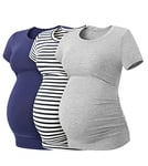 LAPASA Lot de 3 T-Shirts de Maternité Femme Vêtements de Grossesse Maillot de Corps Enceinte Manches Courtes L55 1 Bleu Indigo, 1 à Rayures Bleu Marine, 1 Gris Chiné XL