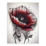 Remembrance Day Poppy Flower Detailed Coloured Pencil Drawing Red Grey WWI Memorial Symbol Nature Colourful Bright Floral Modern Artwork Unframed Wall