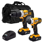 JCB 18V Twinpack Cordless Combi Drill and Impact Driver with 2x2.0Ah Lithium-ion Batteries, Fast Charger, Variable Speed & LED Light in 20"" Kit Bag, 3 Year Warranty