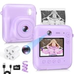 Kids Camera Instant Print, Dual-Lens 48MP Digital Camera,1080P HD Video and Selfie Kids Camera with 32G Card and 4 Print Paper, for Age 3-12 Years Old Boys & Girls Birthday Gifts (Purple)