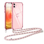 Vauki Coque pour iPhone 12 Mini avec Cordon, Galvanisé Etui Housse avec Motif Flore, TPU Case Antichoc avec Collier Bandoulière pour iPhone 12 Mini, Rose