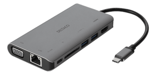 DELTACO – USB-C-telakka, HDMI/VGA/2xUSB-A, PD 3.0, harmaa (USBC-HDMI18)