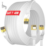 Cable Ethernet 40m, Cat7 Cable RJ45 40m Blindé Long Câble Réseau Extérieur Intérieur, âme en Cuivre Pur Câble LAN, Haute Vitesse Plat Cable Internet 40 Mètres, Gigabit Câble Patch Blanc pour.[G480]