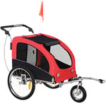 HOMCOM Remorque vélo Jogger 2 en 1 pour Animaux Drapeau Roue Avant pivotante réflecteurs et Barre d'attelage Inclus Rouge Noir