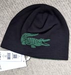 Genuine LACOSTE Black Green Reversible MERINO WOOL BEANIE Hat Toque Lac3