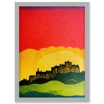 Modern Edinburgh Castle Vibrant Rainbow Colour Sunset Scottish Cityscape Coral Yellow Green Blue Artwork Framed Wall Art Print A4