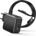 Chargeur Surface 65W Chargeur Microsoft Surface Pro Pour Surface Pro 9/8/7/6/5/4/3/X/2017 Surface Go/Surface Laptop/Surface Book 2-Port Surface Chargeur Usb C Chargeur Rapide