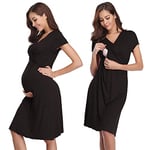 Irdcomps Women's Breastfeeding Nightdress Maternity Nightshirt Nursing Nightgown Soft V Neck Pajama Loungewear Tops Dress for Pregnant Casual Black